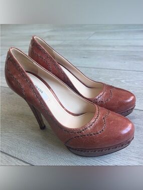 Prada Cognac Brown Leather embellished vintage Platform Pumps 36.5/ 6